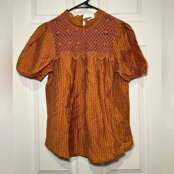 Anthropologie Mine size Medium Honey Puff Sleeve Mini Plaid Blouse - Picture 1 of 8